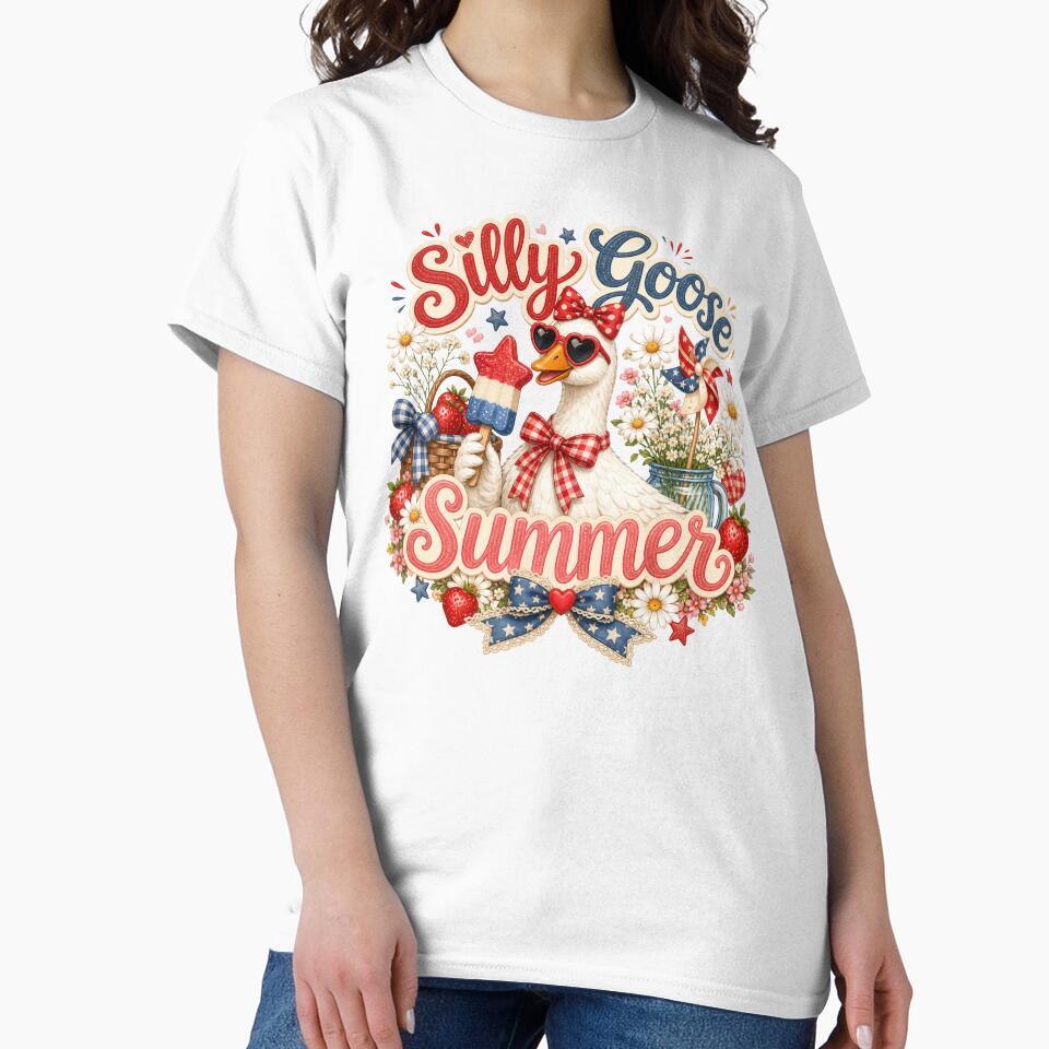 Silly Goose Summer Cute Patriotic Strawberry Goose Design by PixelModeShop