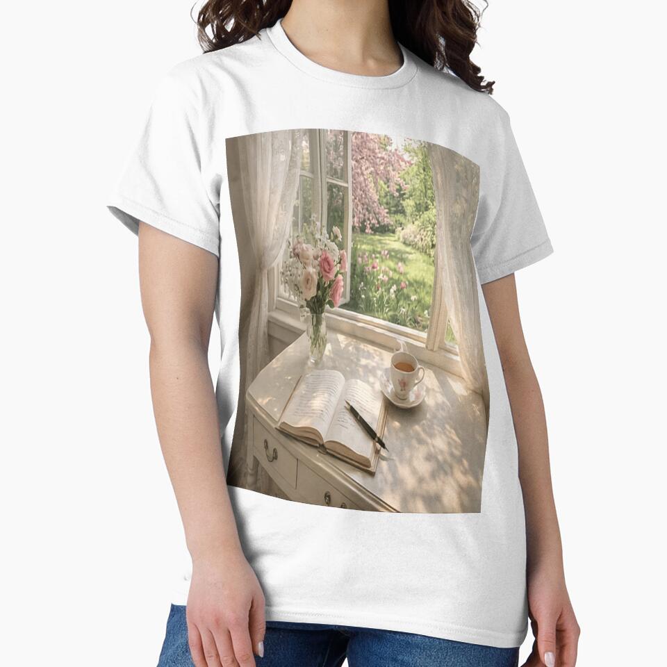 Spring Writing Nook - Romantic Tea Garden Window View Art by ArtFreshStudio