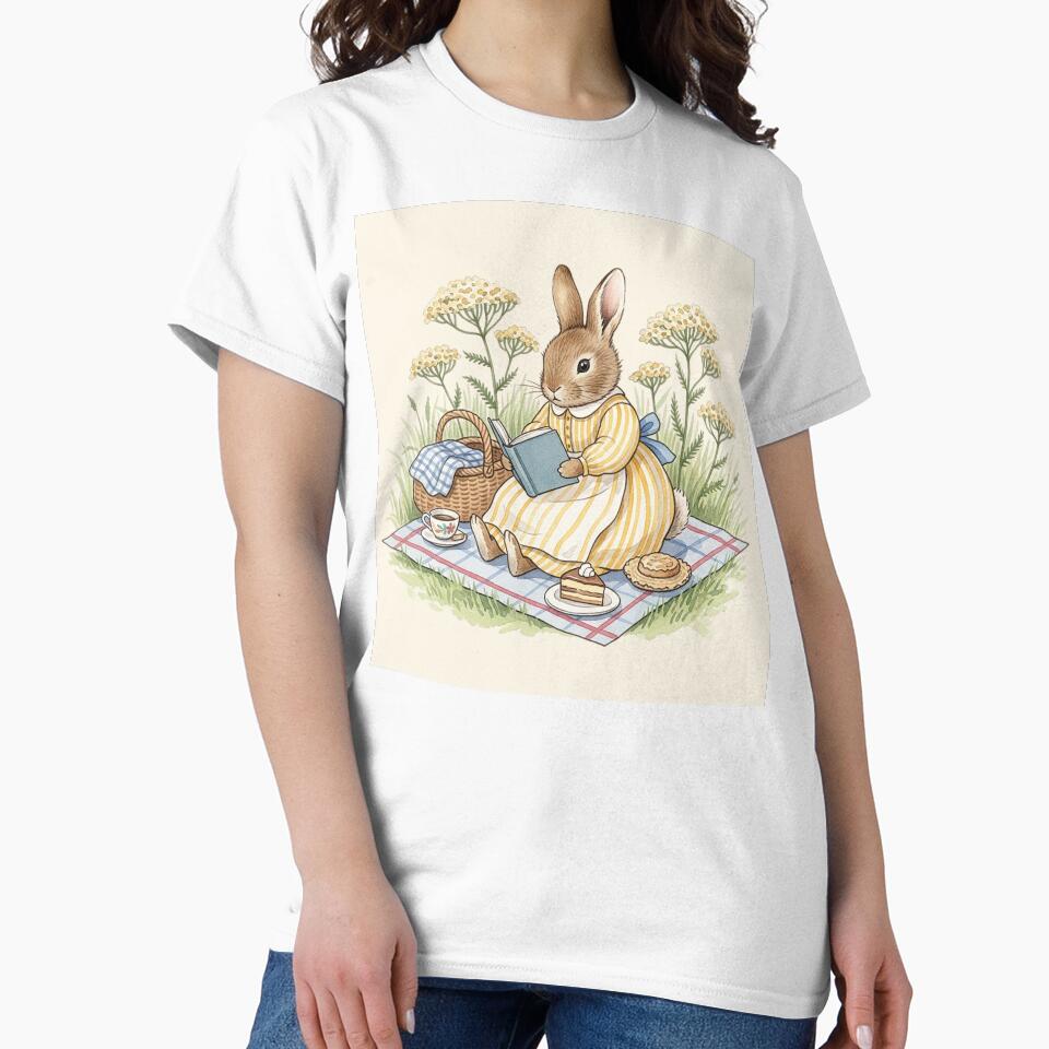 Whimsical Reading Bunny Picnic Watercolor Art by Pasteltone