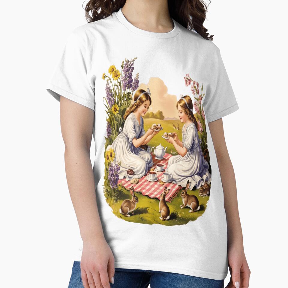 Wildflower Picnic Wall Art – Storybook Tea Sisters with Bunnies Print by ArtFreshStudio