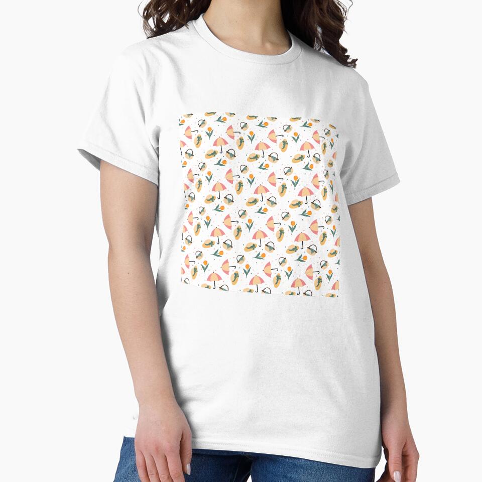 Spring Flat Style Pattern — Straw Hat, Umbrella, Tulips & Picnic Basket in Peach & Teal by DonnaRaine
