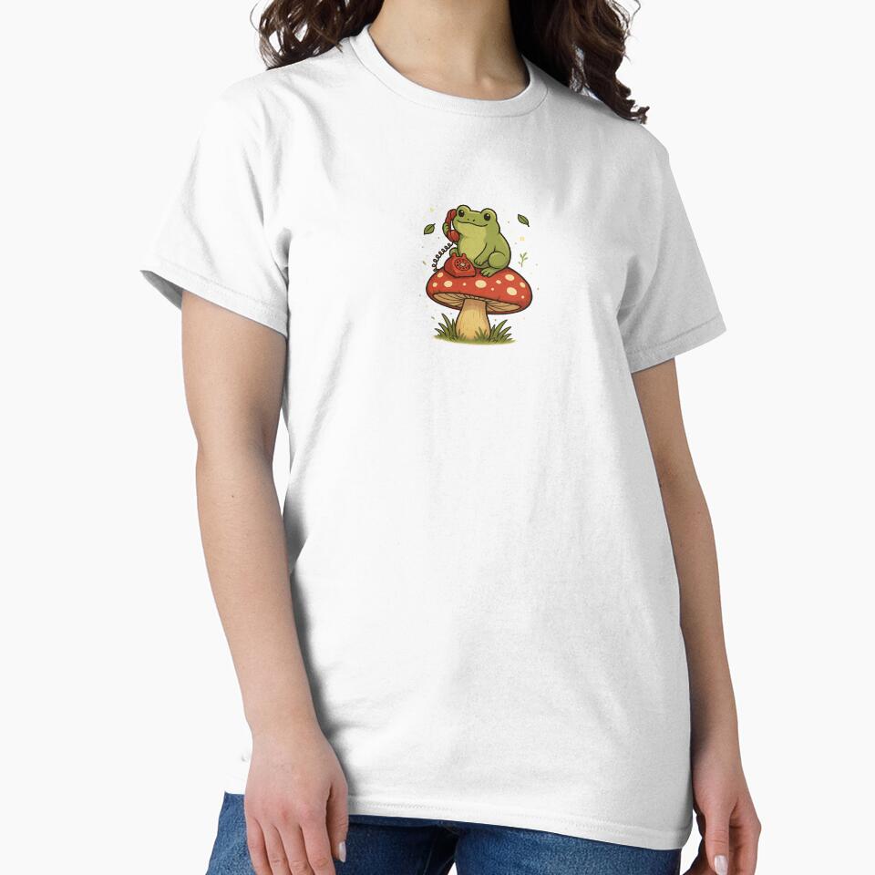 Frog on a Mushroom Call – Cute Whimsical Nature Art by thenicequote