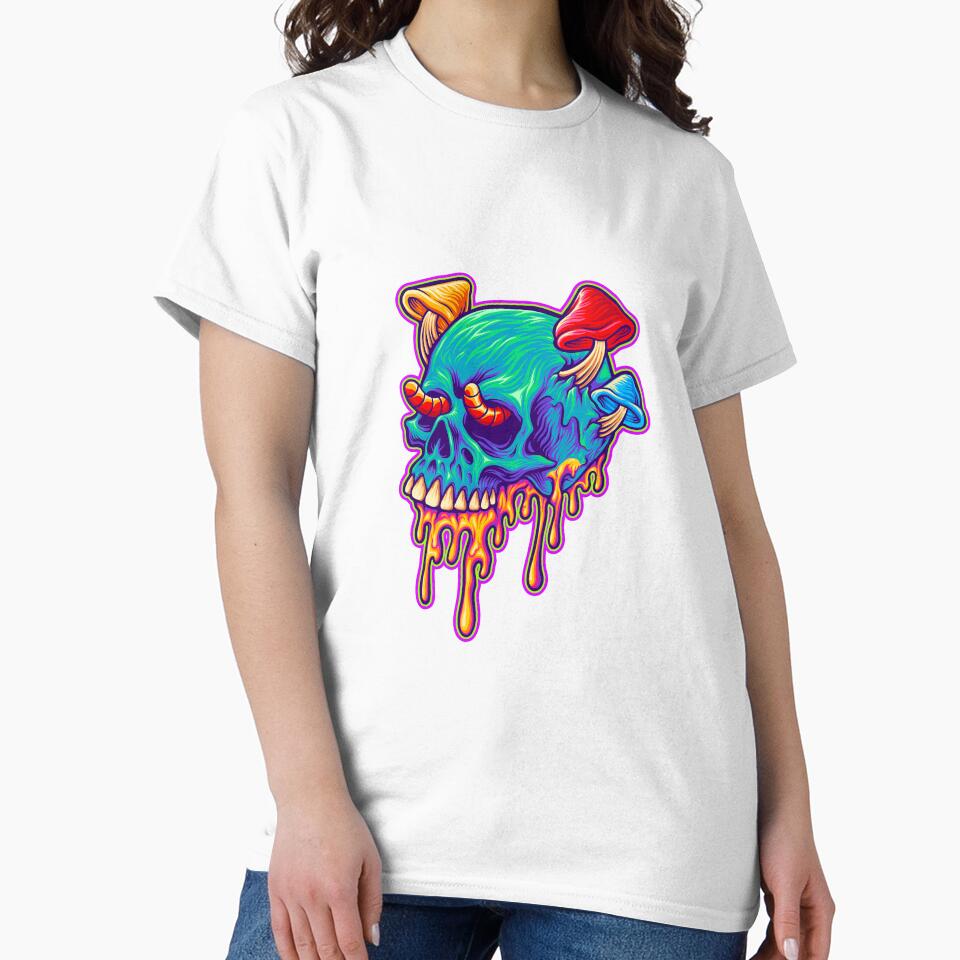 Psychedelic Melted Skull Mushrooms - Trippy Dripping Skull Art - Neon Shroom Design by leen12 Art Designs Prints
