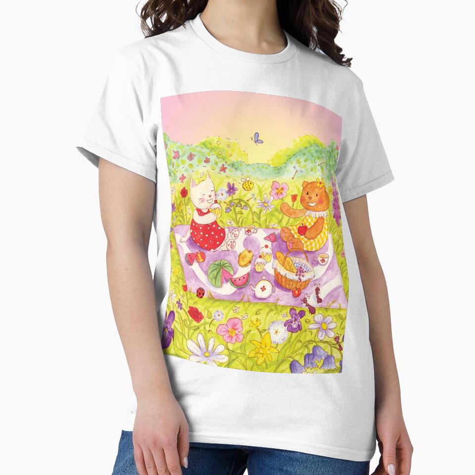 Teddy Bear and Cat Picnic Summertime Cute by AmyChaseArt