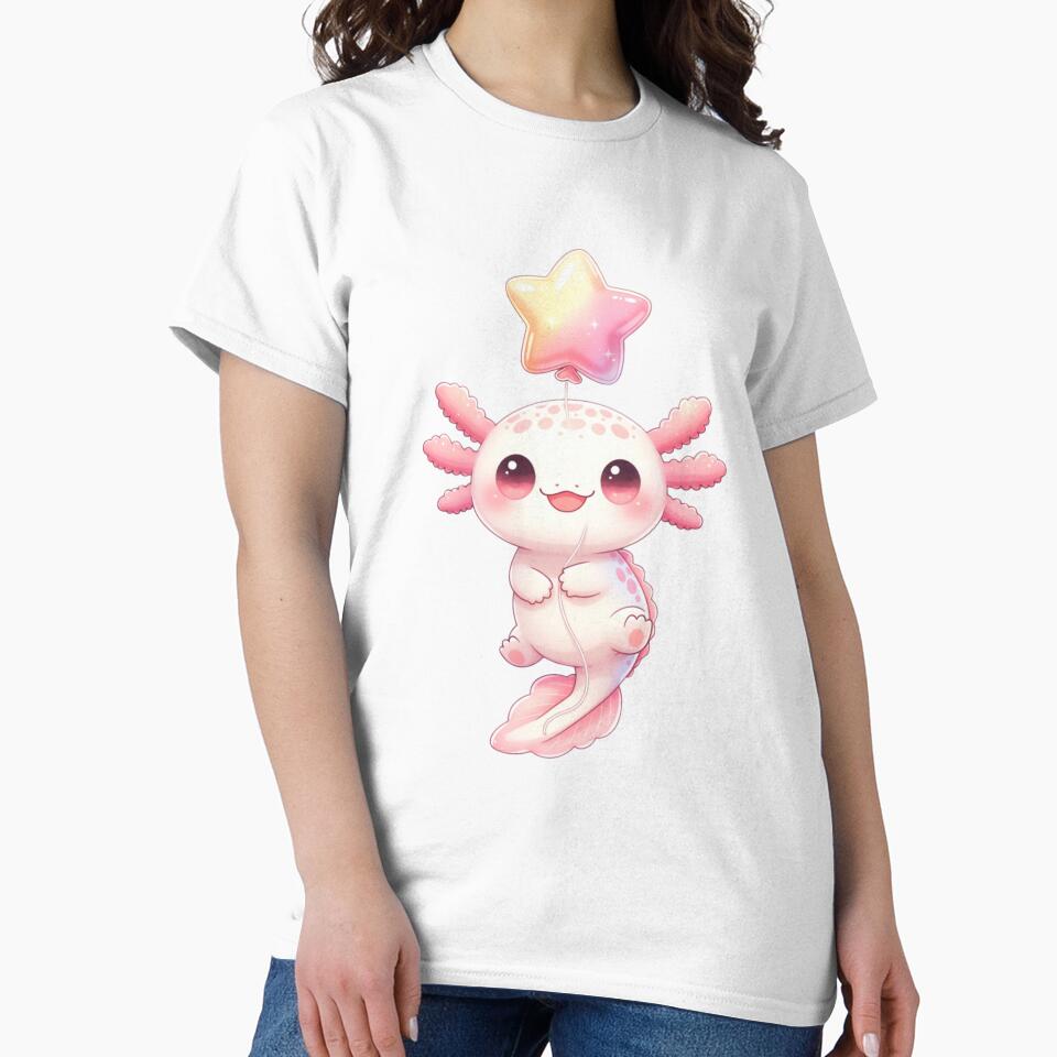 Cute Pink Axolotl With Star Balloon Fantasy Cloud Kawaii Creature by GrumpySableye