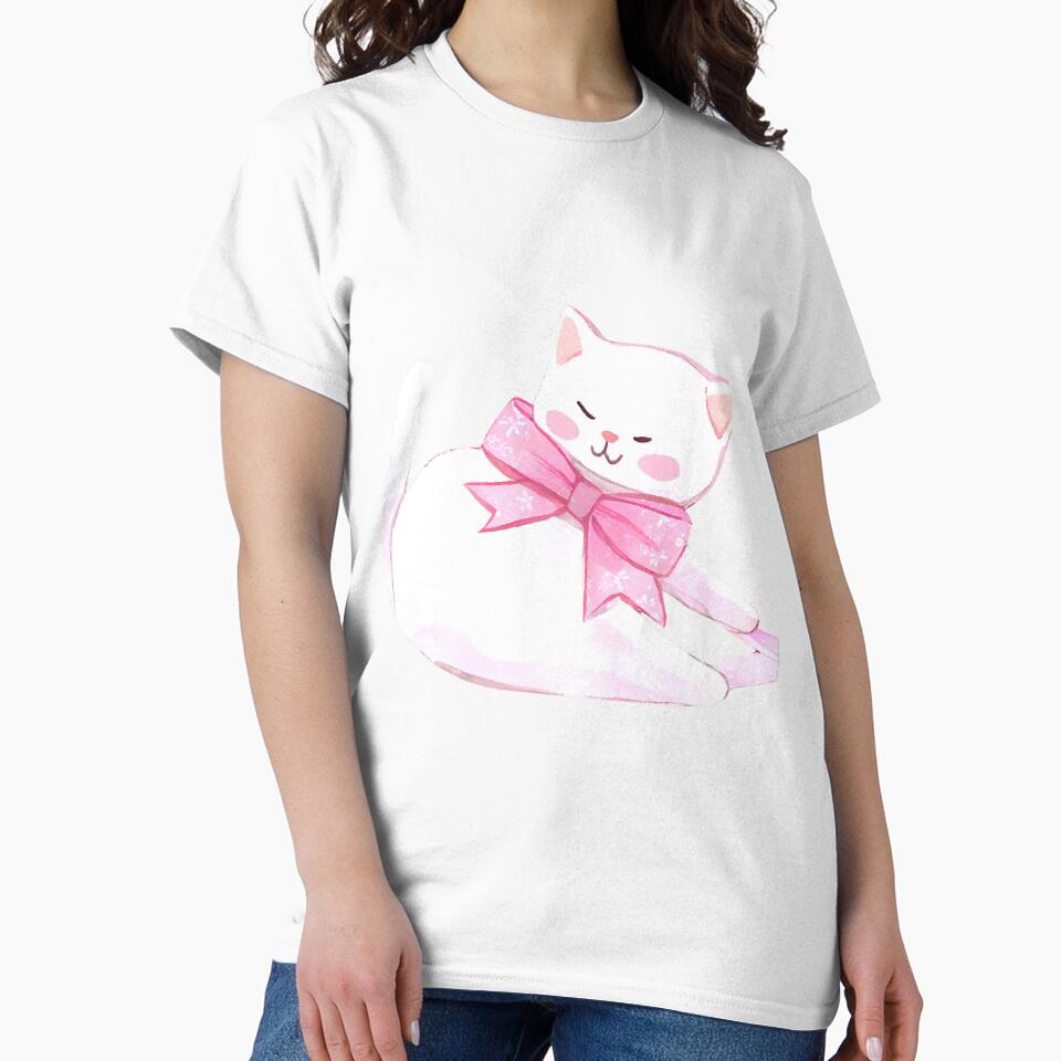 White Cat with Pink Ribbon Bow by violetxm