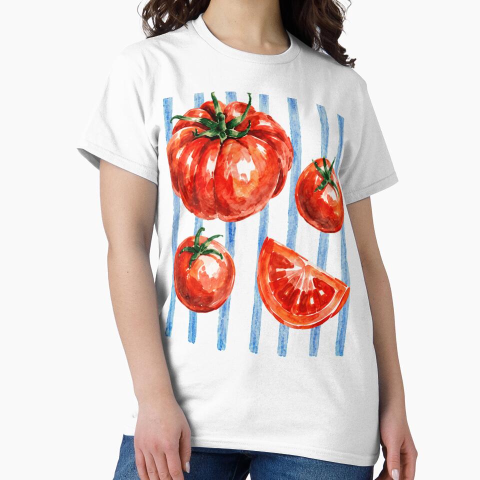 Summer Watercolor Tomatoes Blue Stripes by Retro Moon Studio