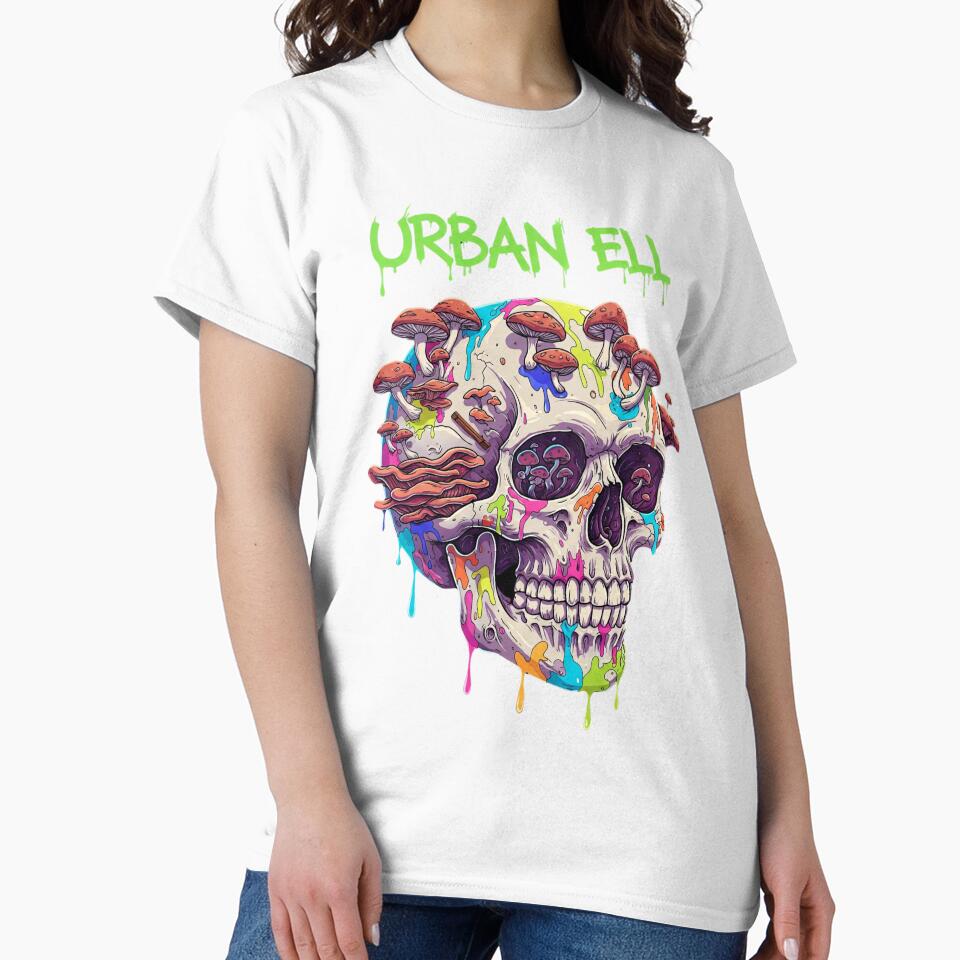 Urban Ell Psychedelic Skull T-Shirt – Trippy Mushroom Drip Art Design by Urban-Ell