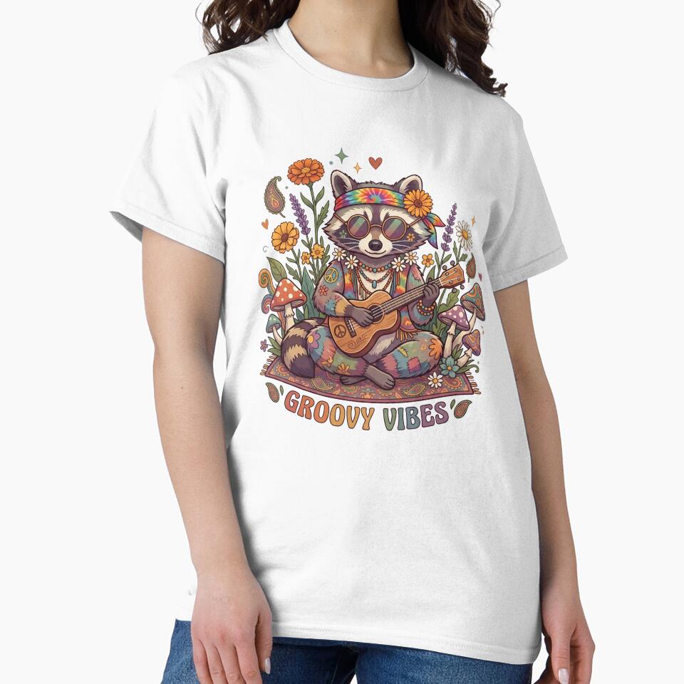 Groovy Vibes Hippie Raccoon Playing Guitar Retro by CurioStick
