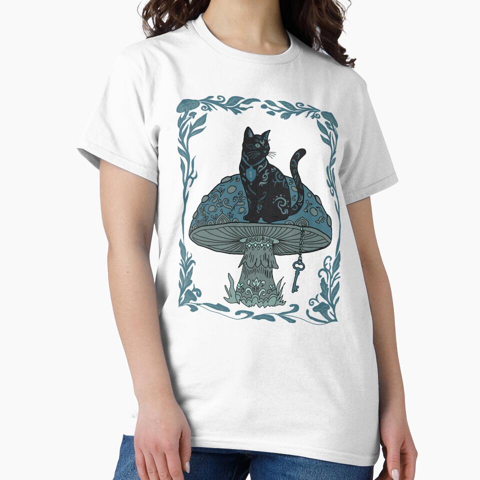 Black Cat on Magic Mushroom Whimsigoth Folk Art by LeshanArt