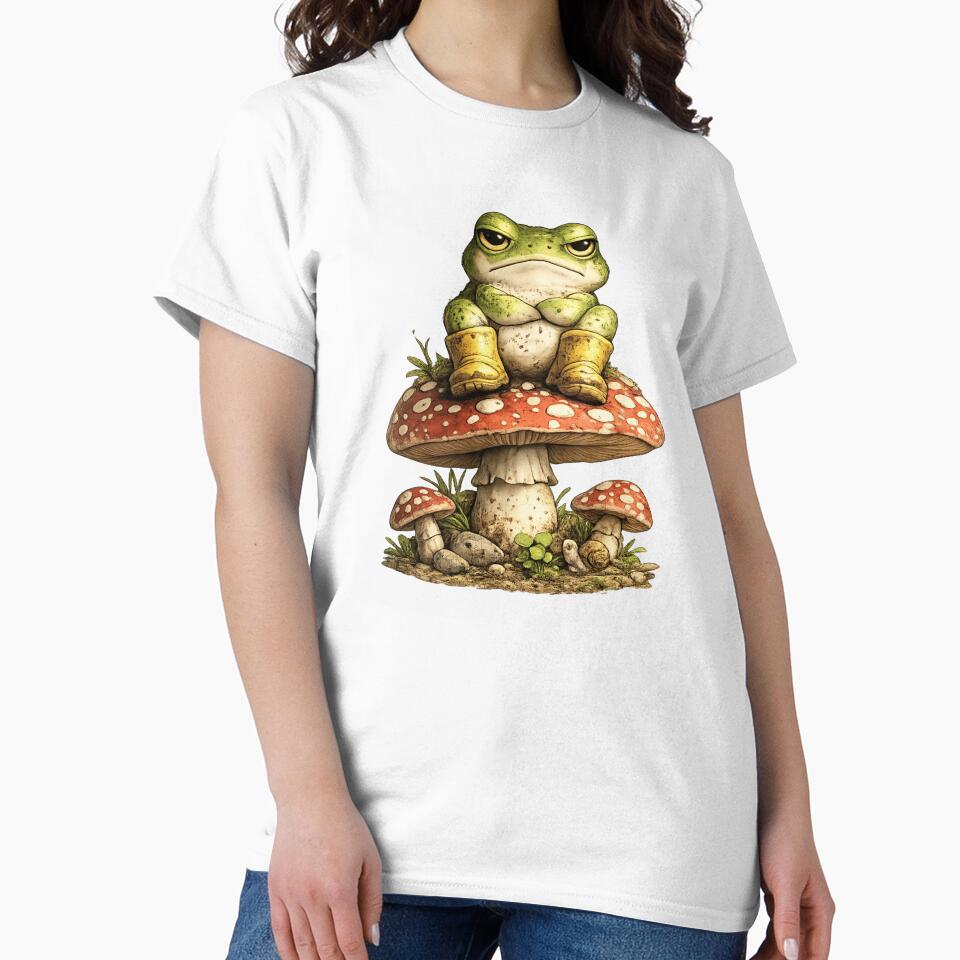 Grumpy Frog Sitting on Mushroom Funny Nature Illustration by RoPrincess