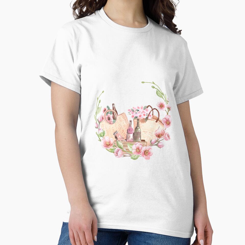 Cherry flowers blossom wreath with picnic composition : watercolor Spring illustration by HappyNoireArt