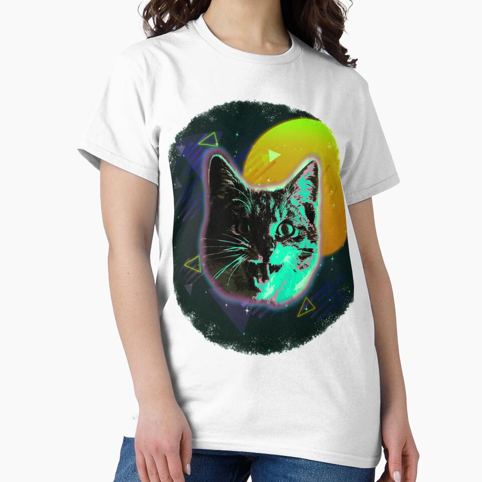 Cat Face Shirt Trippy Neon Rave 80s Disco Retro Kitten Tee by cgocgy