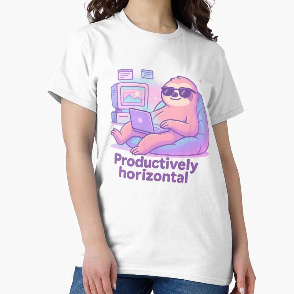 Productively Horizontal – Funny Sloth Remote Work Shirt, Vaporwave Cartoon Animal Design by LEO Vaporwave