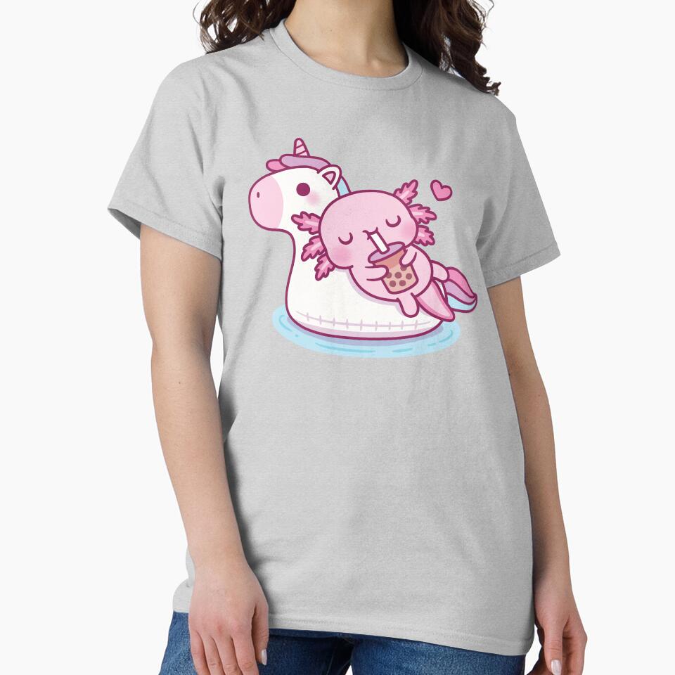 Cute Axolotl Chilling On Unicorn Pool Float Drinking Bubble Tea by rustydoodle