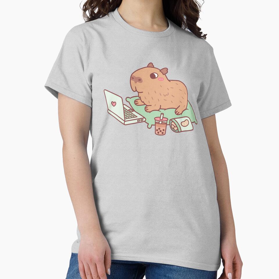 Cute Chilling Capybara With Laptop And Snacks by rustydoodle
