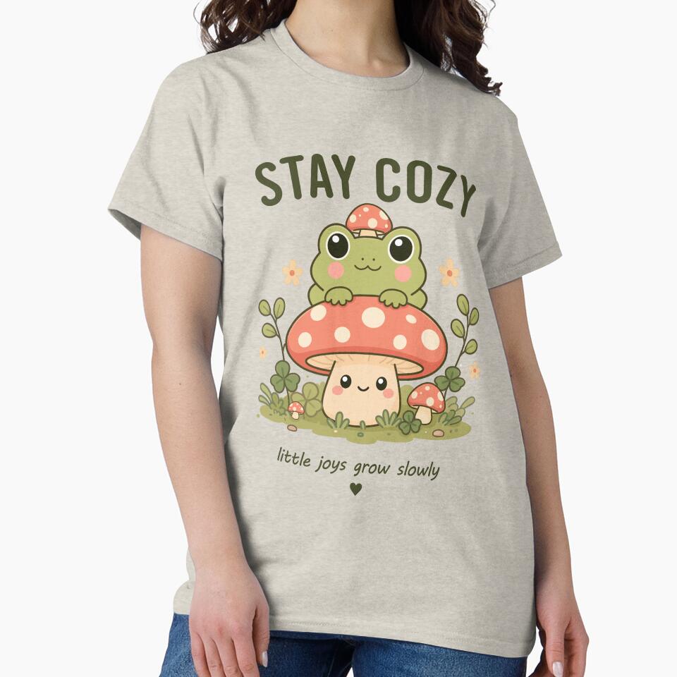 Stay Cozy Frog , Cute Mushroom Frog , Kawaii Cottagecore Nature Tee by Lilypad Shop