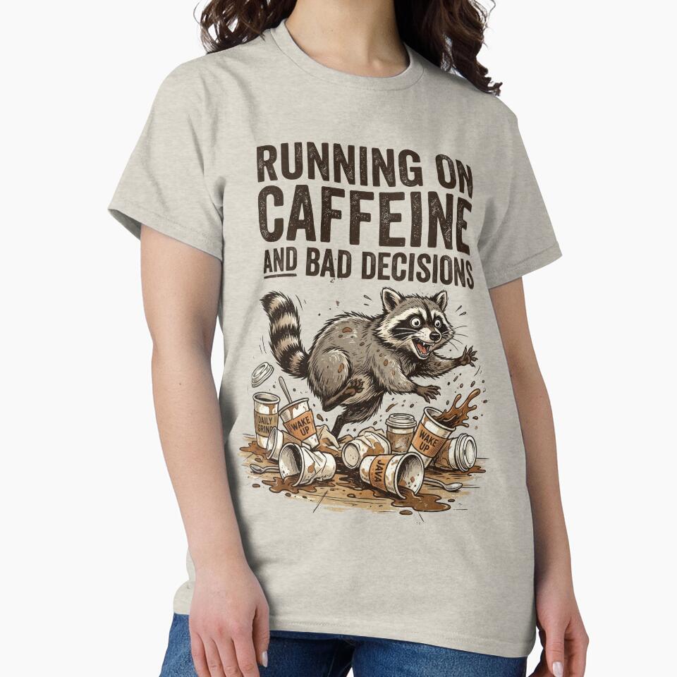 Running on Caffeine and Bad Decisions Funny Raccoon Shirt | Coffee Lover Gift by PlumArtDesign