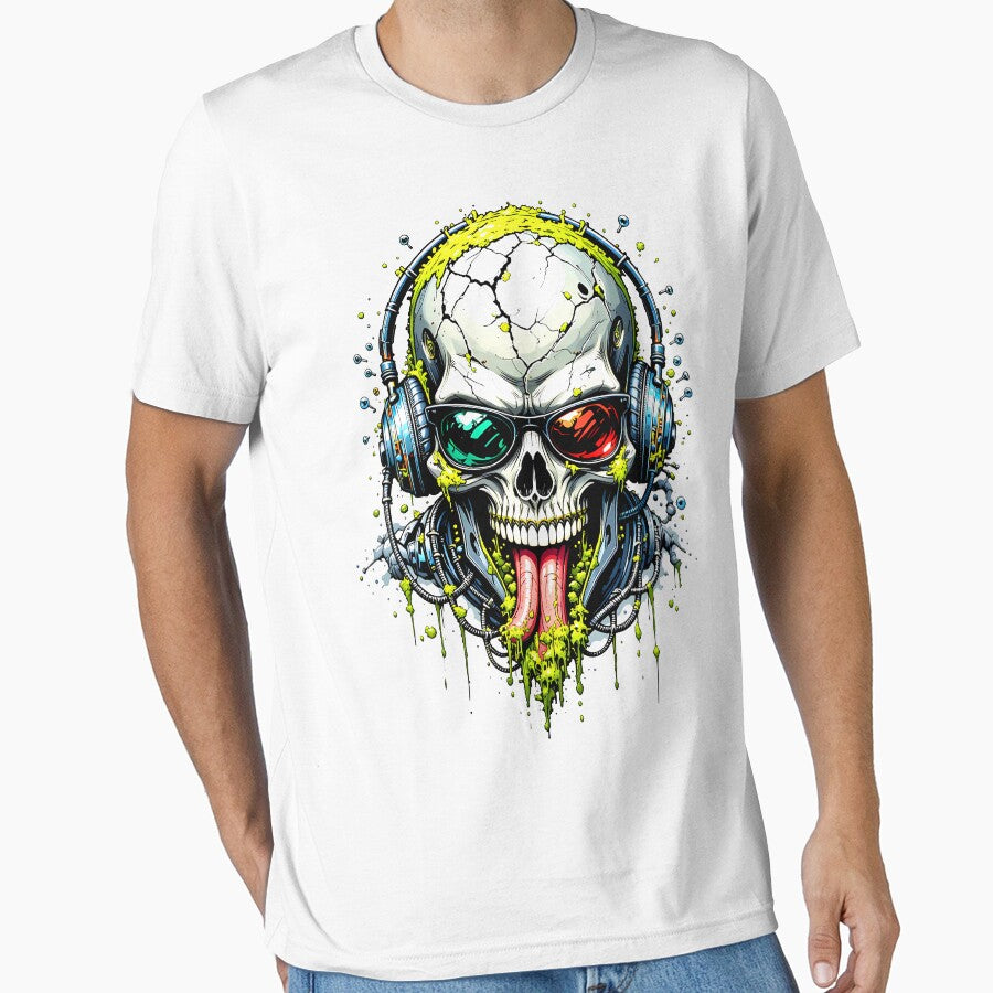 S29 Stereoscopic Cyber Skull T-Shirt - 3D Glasses Skull, Neon Slime Gamer, DJ Skull, Rave Tech Art, Acid Green Drip, Futuristic Streetwear by EC Multimedia Services