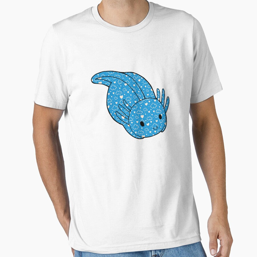 Cute Kawaii Baby Chibi Axolotl in Bright Blue with Hearts and Cloud Pattern by InkMemories