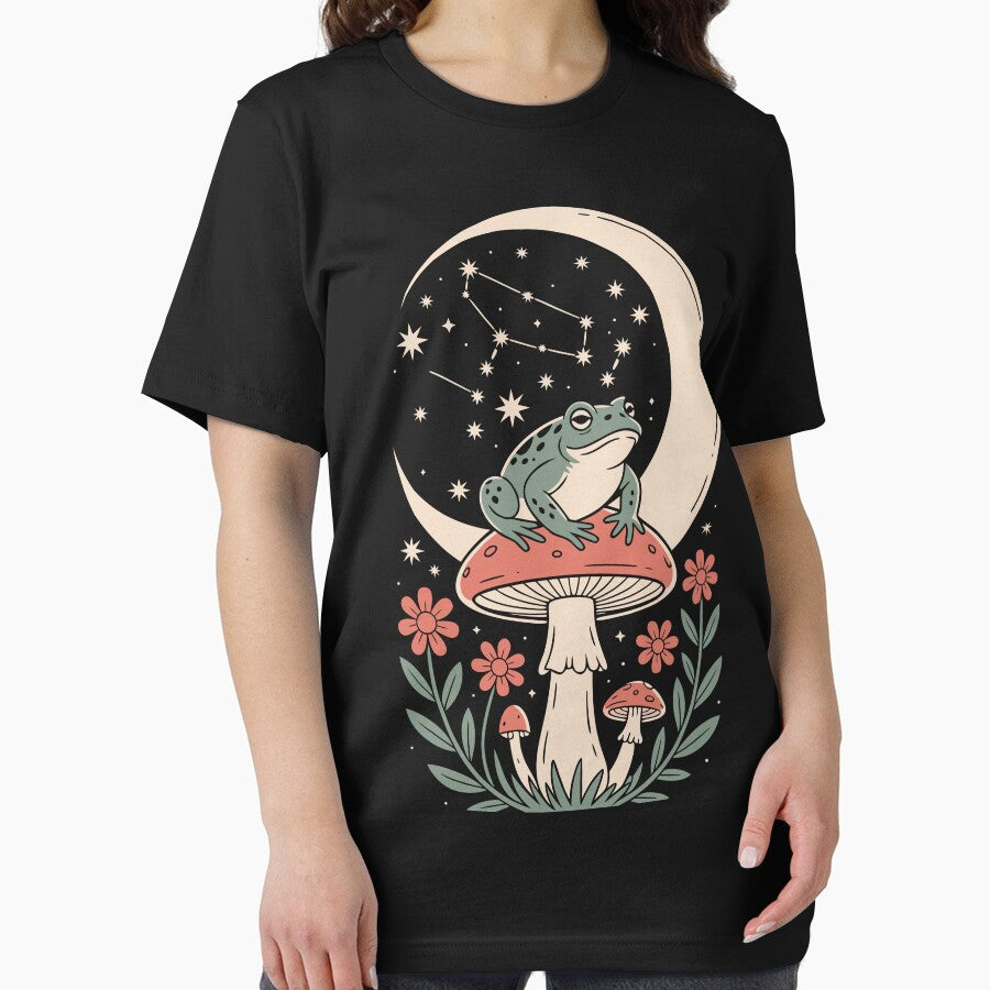 Frog sitting on a mushroom under a crescent moon and stars by Faissal Thomass