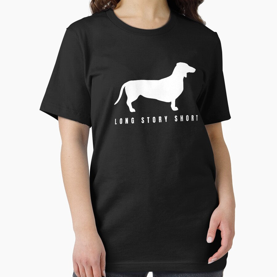 Funny Dachshund Long Story Short Minimalist Dog Art (For Dark Apparel) by TailPrints