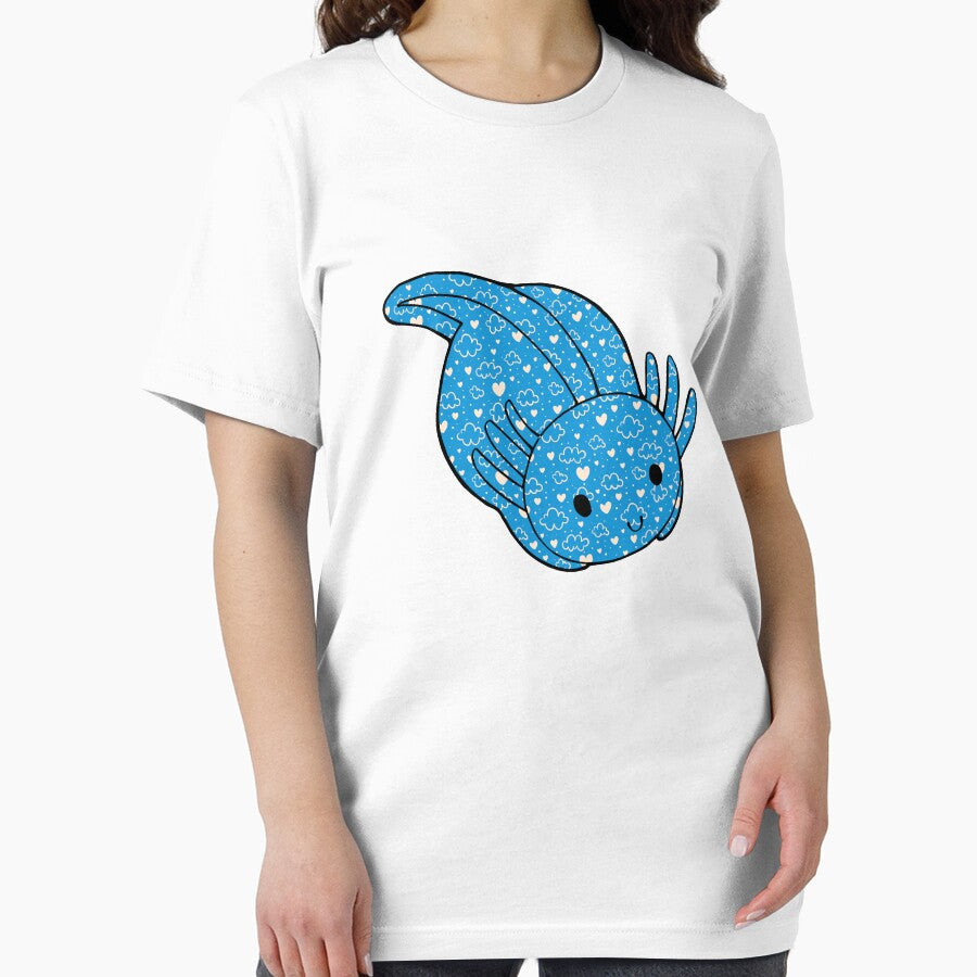 Cute Kawaii Baby Chibi Axolotl in Bright Blue with Hearts and Cloud Pattern by InkMemories