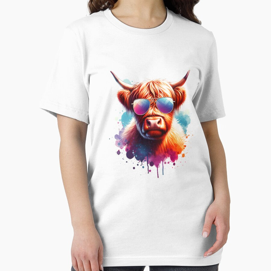 Watercolor Scottish Highland Cow Wearing Sunglasses by TheAnimalZ00
