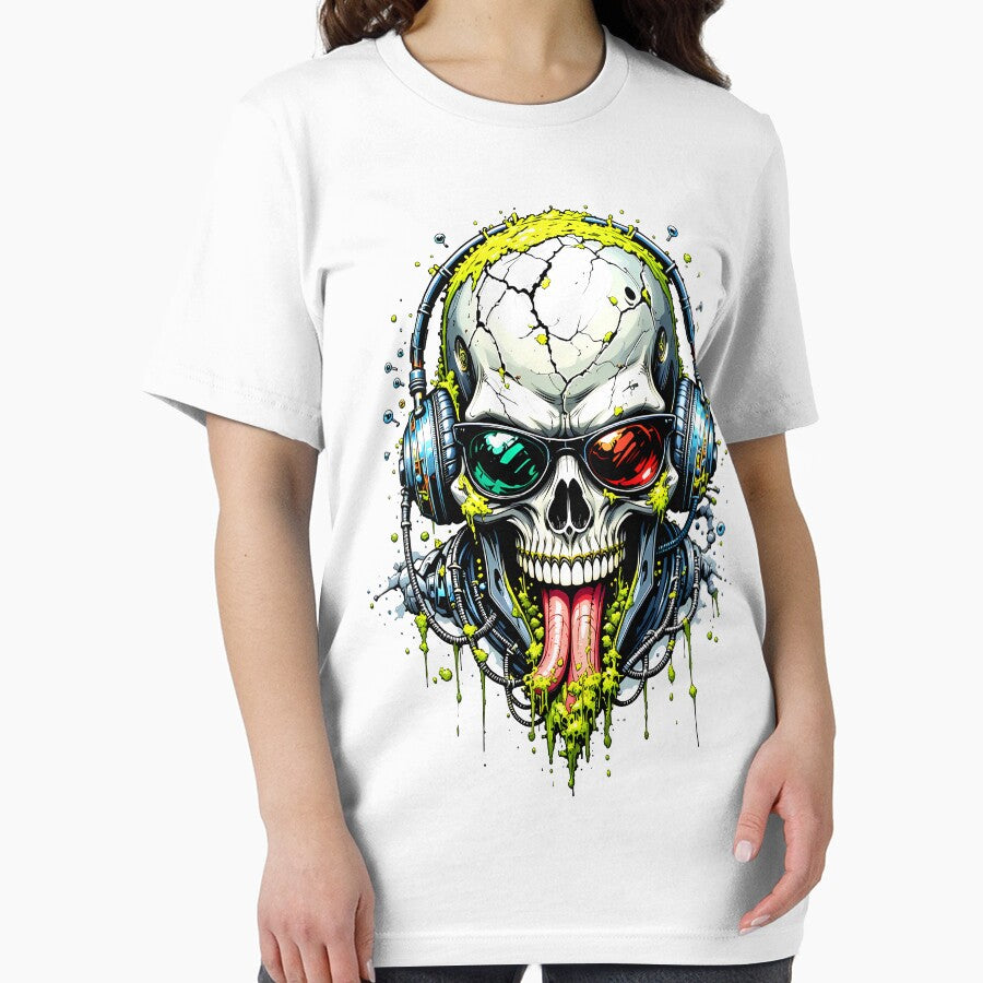 S29 Stereoscopic Cyber Skull T-Shirt - 3D Glasses Skull, Neon Slime Gamer, DJ Skull, Rave Tech Art, Acid Green Drip, Futuristic Streetwear by EC Multimedia Services