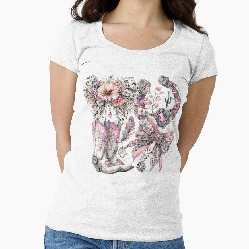 Pink Boho Cowgirl Boots Horseshoe Floral Design by EnlivenDesigns