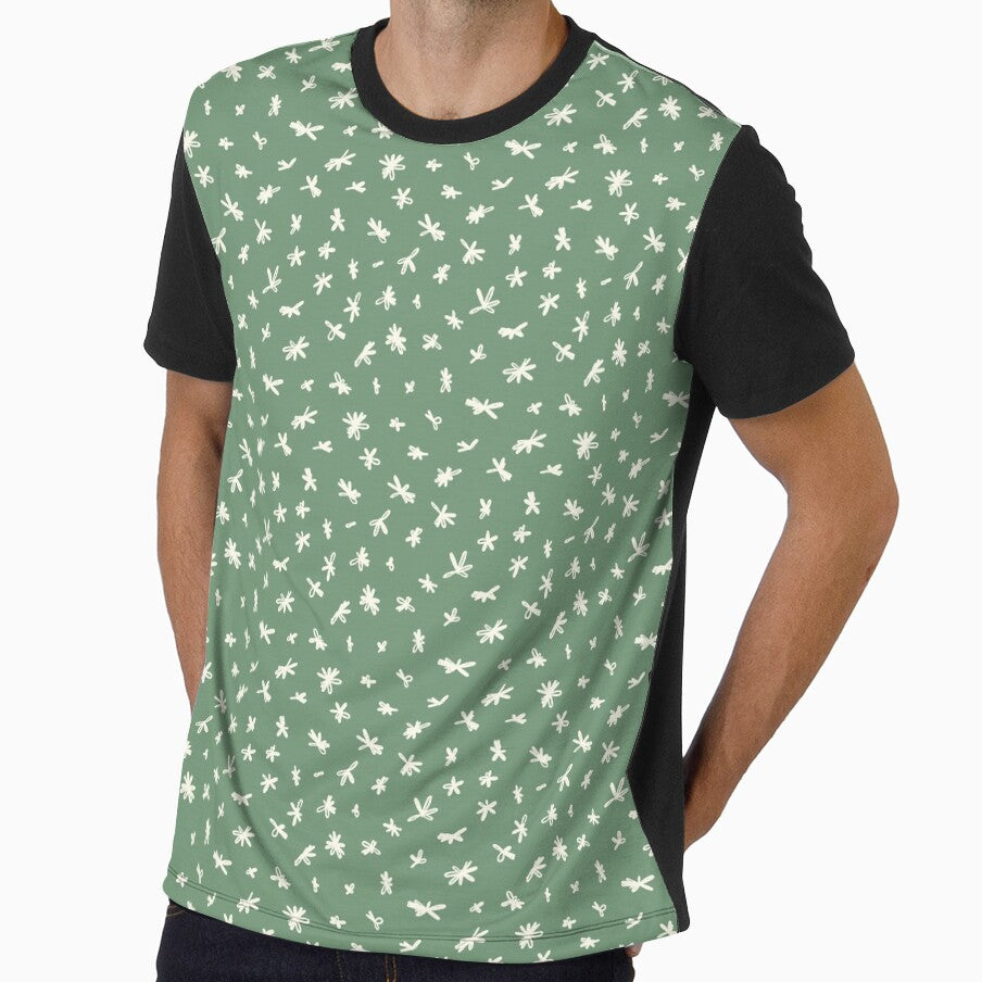 White tiny flowers pattern on green background by Elodie-Motifs