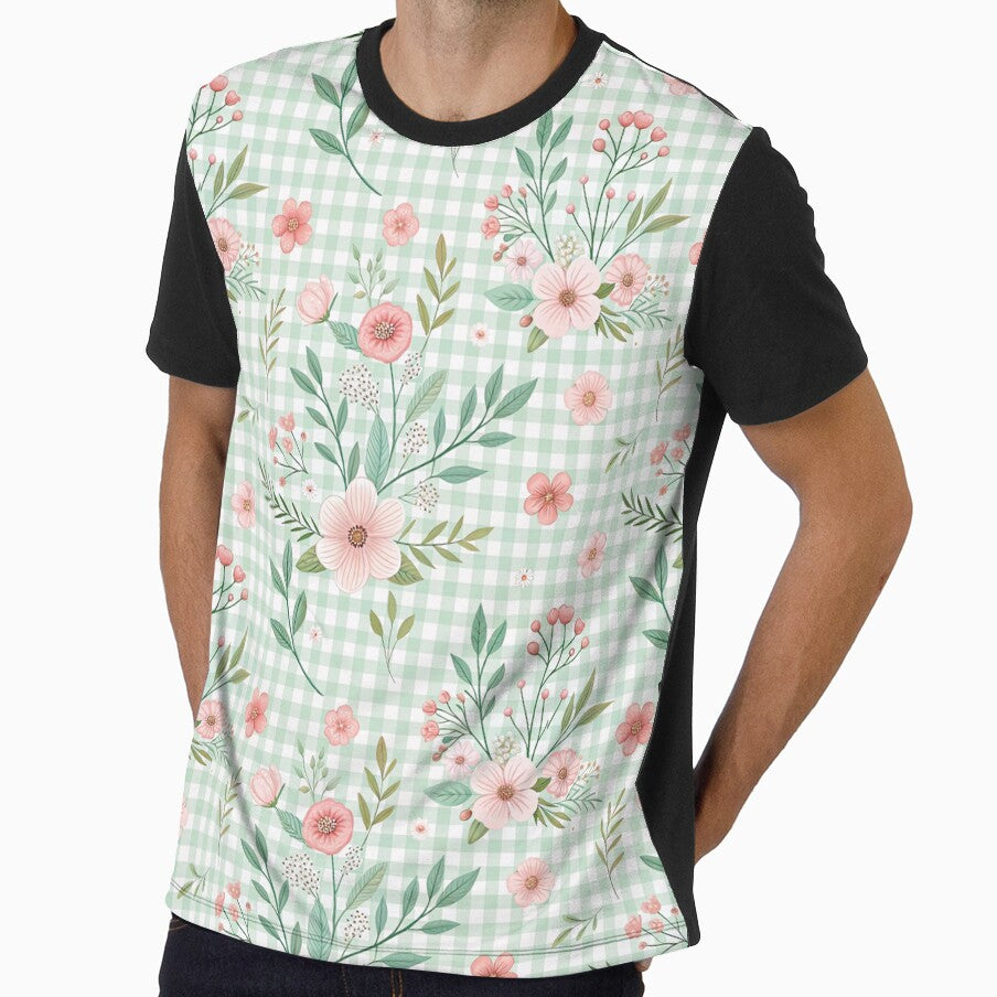 Pastel Pink Wildflowers on Sage Green Gingham by Nyx Creates