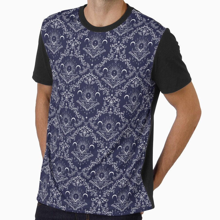 Whimsical Moon Moth Celestial Pattern Midnight Blue by Chiefiechanga