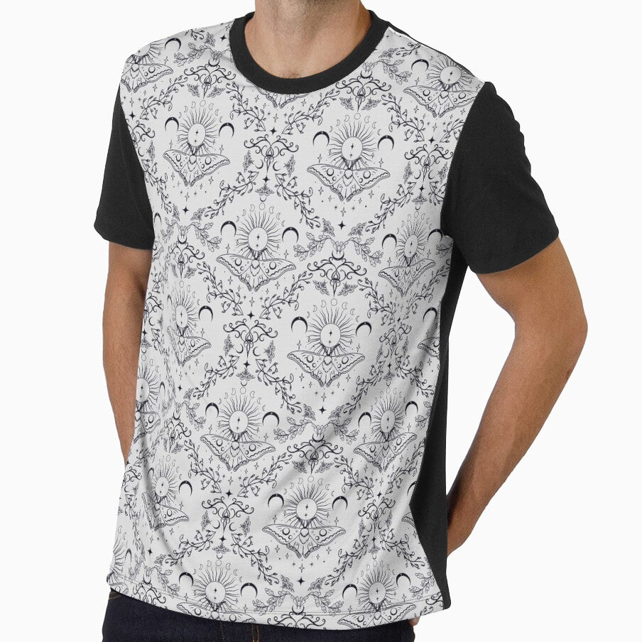 Whimsical Moon Moth Celestial Pattern Black and White by Chiefiechanga