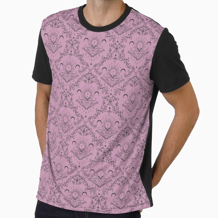 Whimsical Moon Moth Celestial Pattern Black & Pink by Chiefiechanga