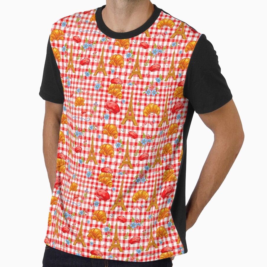 Paris Picnic Gingham Pattern - Red Checkered Eiffel Tower & Croissant Art by MT-Hub | Art for Every Soul