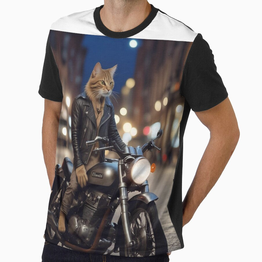 A street cat in a cool leather jacket, leaning against a vintage motorcycle parked on a quiet, moonlit street by New-Unique