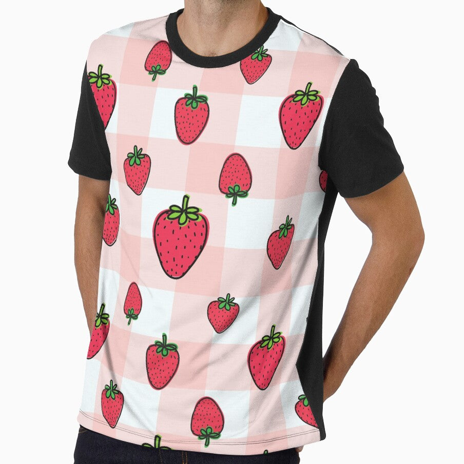 Vichy Strawberry Pattern T-Shirt, Gift for Girlfriend, Mom, or Baby Shower, Cute Birthday or Mother’s Day Gift, Cozy Gift for New Home or Baby Shower, Gift for girlfriend, Gift for her by Noe Mill