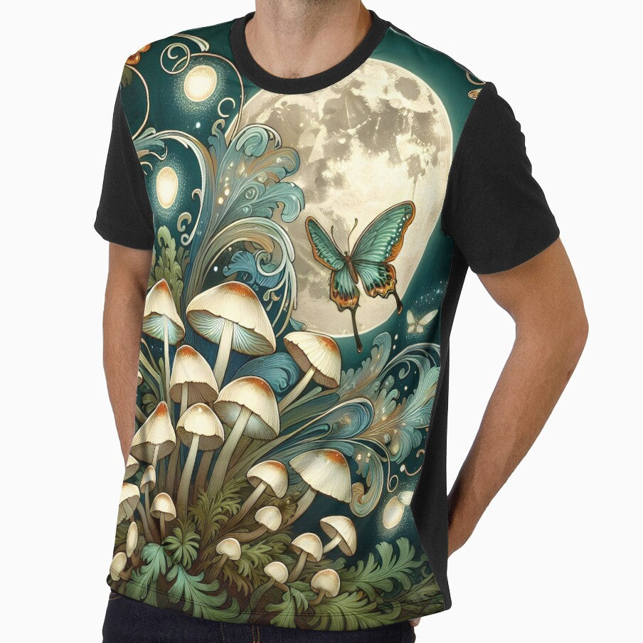 Moonlit Mushroom Garden with Moths Butterflies and Full Moon by ArtDesignRemix