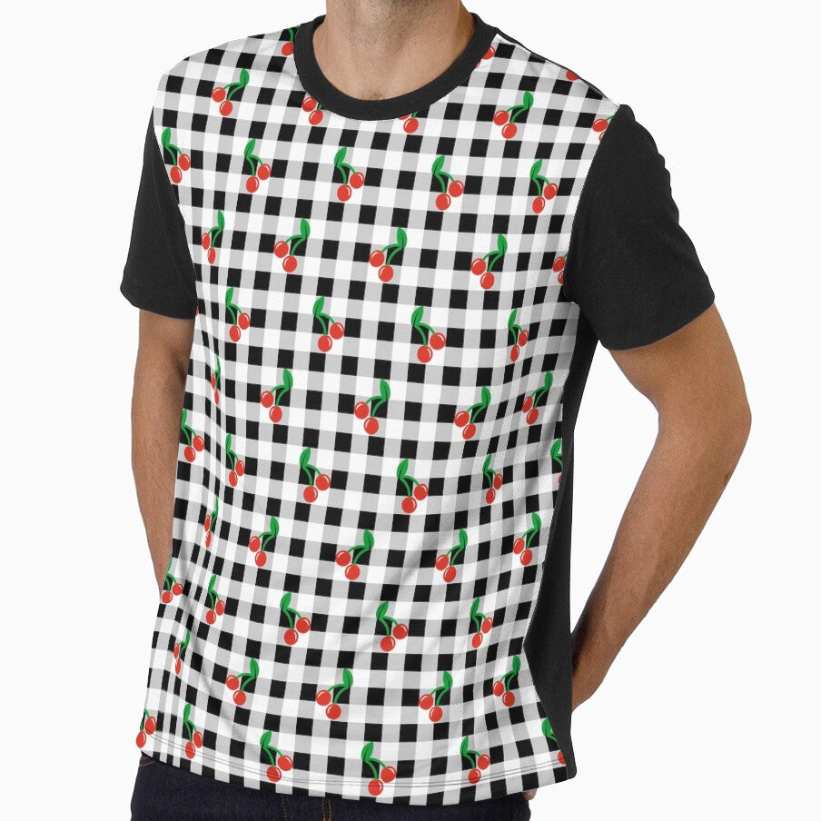 Gingham Pattern Black and White Cherries by Pinkdeer Designs
