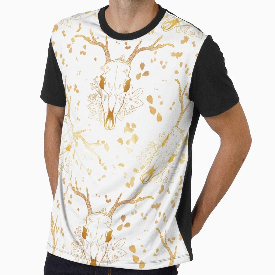 Whimsigoth Golden Deer Skull Floral Pattern on White by Little Wimbly