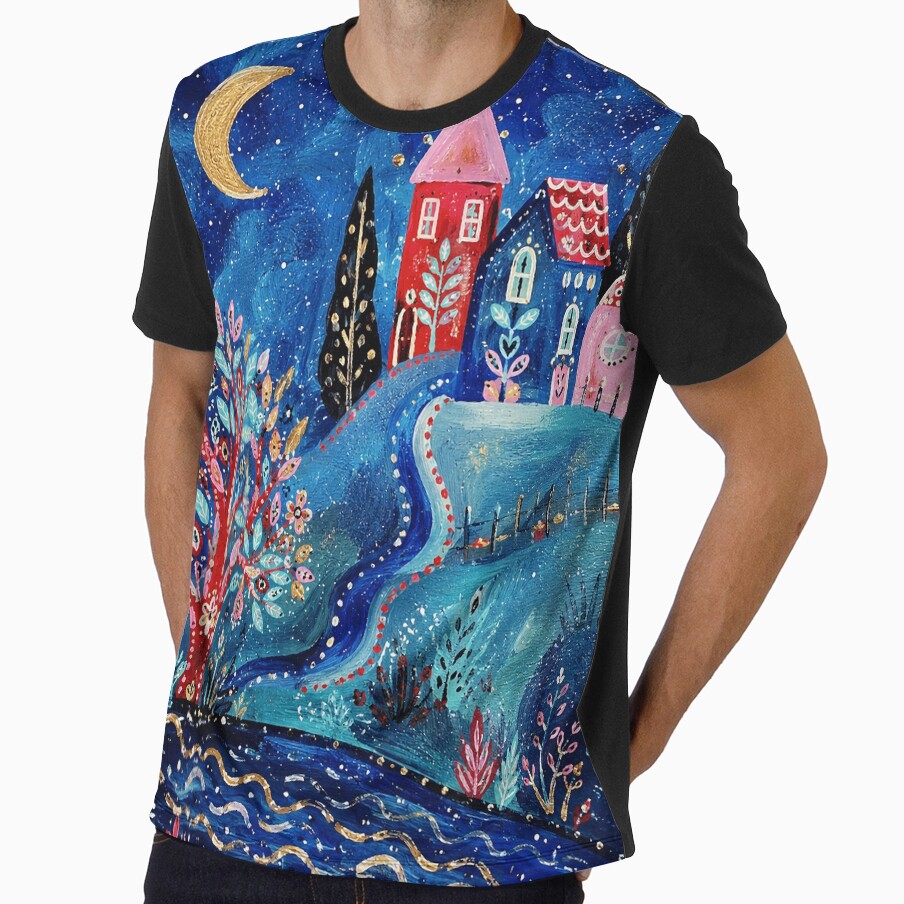 Whimsical Moonlit Village Painting With Colorful Folk Art Landscape by eliramaison