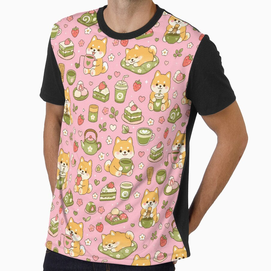 Shiba Inu Matcha Strawberry Kawaii Pattern by Soft Berry Studio
