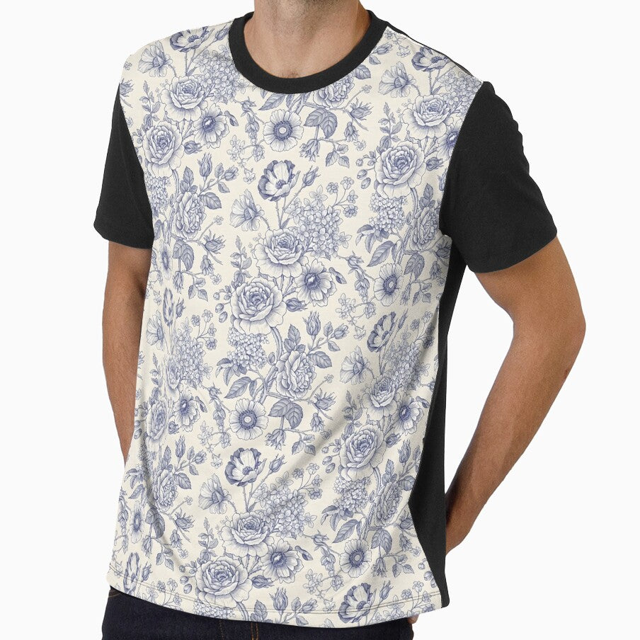 18th-Century Vintage Rose Toile – Navy & Cream Engraving by VelloomStore