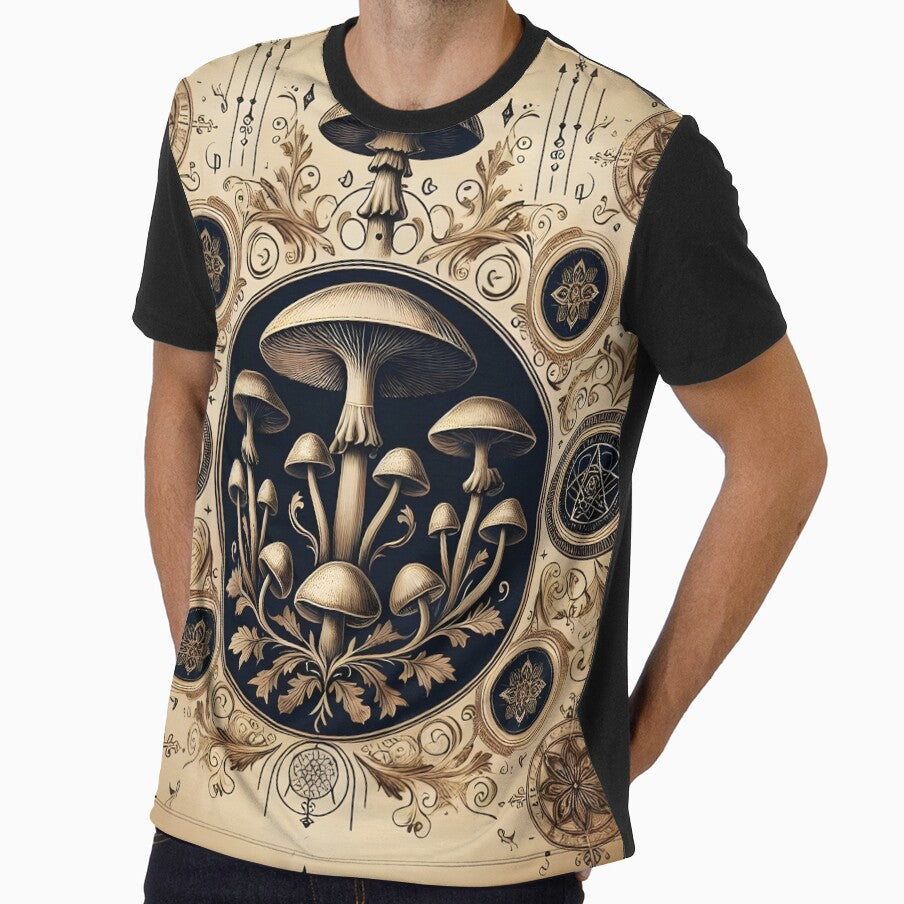 Vintage Occult Mushroom Illustration in Navy & Gold Ornate Frame by ArtDesignRemix