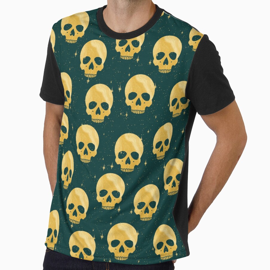 Whimsigoth Golden Skulls on Deep Green by Little Wimbly