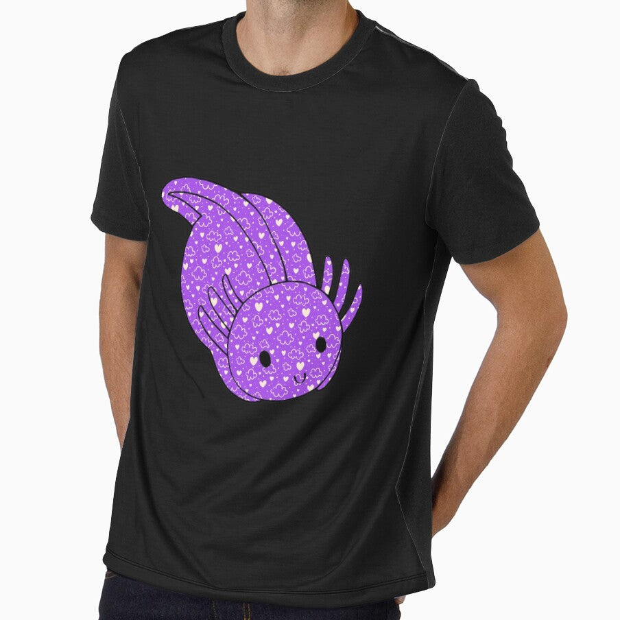 Cute Kawaii Baby Chibi Axolotl in Purple with Hearts and Cloud Pattern by InkMemories
