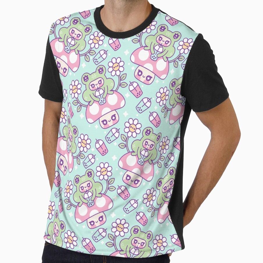 Kawaii Frog on Mushroom Drinking Boba Pattern by musingtreeart
