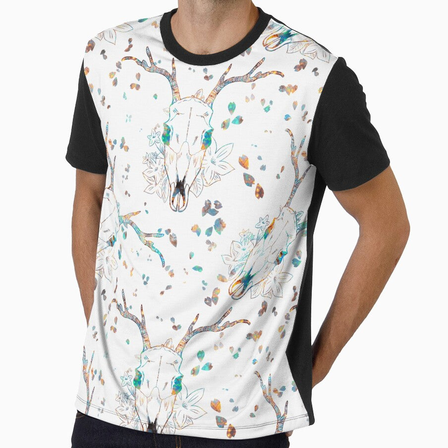 Whimsigoth Iridescent Deer Skull Floral Pattern on White by Little Wimbly