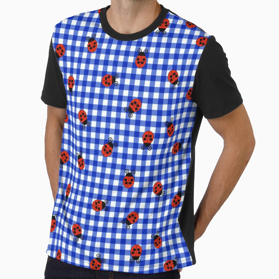 Blue And White Gingham Pattern With Cute Ladybugs by Lovemountain